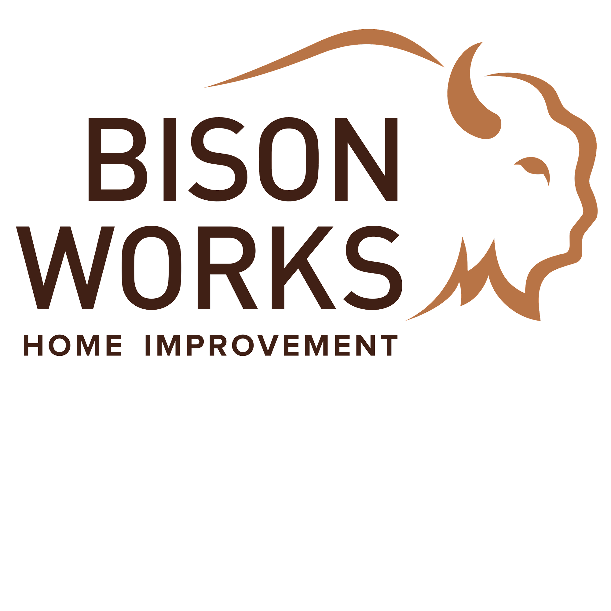 Bison Works logo featuring a stylized bison head and the text "BISON WORKS HOME IMPROVEMENT," representing a home improvement service focused on leather care and maintenance.