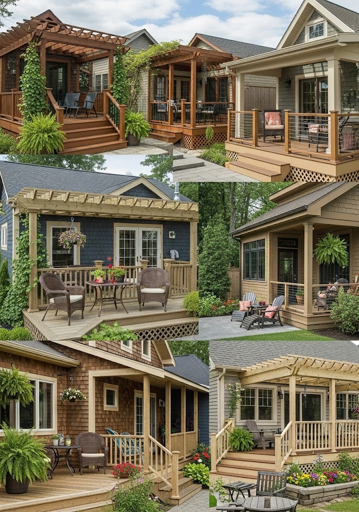 Collage of various deck and porch designs featuring wooden structures, seating areas, and lush greenery, showcasing outdoor living spaces ideal for entertaining and relaxation.
