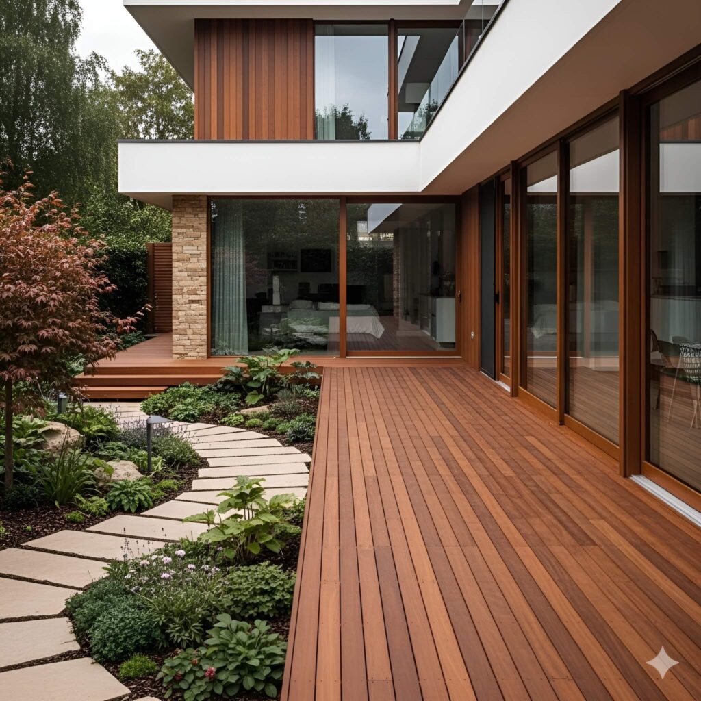 Modern home exterior featuring a wooden deck, large glass windows, and landscaped garden with stone pathway and greenery, showcasing Bison Works' craftsmanship in home improvement and outdoor living spaces.