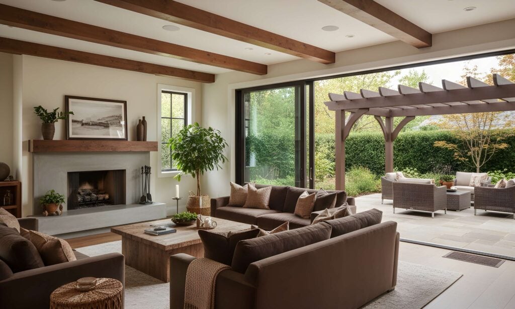 Modern living room with cozy brown sofas, a stylish coffee table, and a fireplace, seamlessly connecting to an outdoor patio with a pergola and greenery, showcasing Bison Works' home improvement expertise.