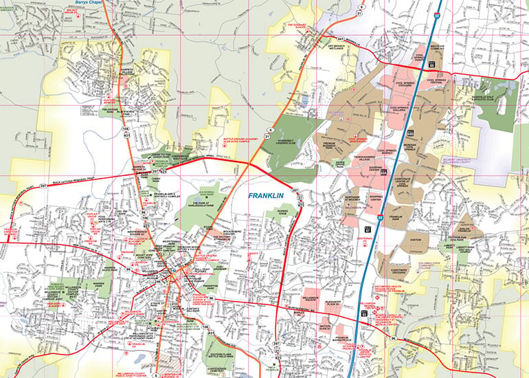 Franklin, TN map highlighting residential areas, roads, and key landmarks relevant to home improvement services by Bison Works.