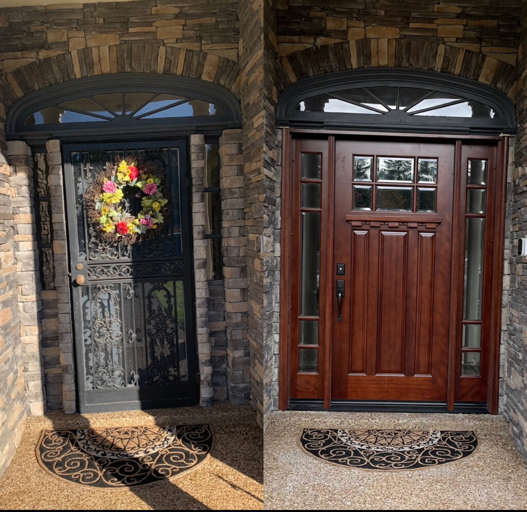 Front door transformation showcasing a decorative wrought iron door with a floral wreath on the left and a modern wooden door with glass panels on the right, set against a stone exterior and decorative mat.