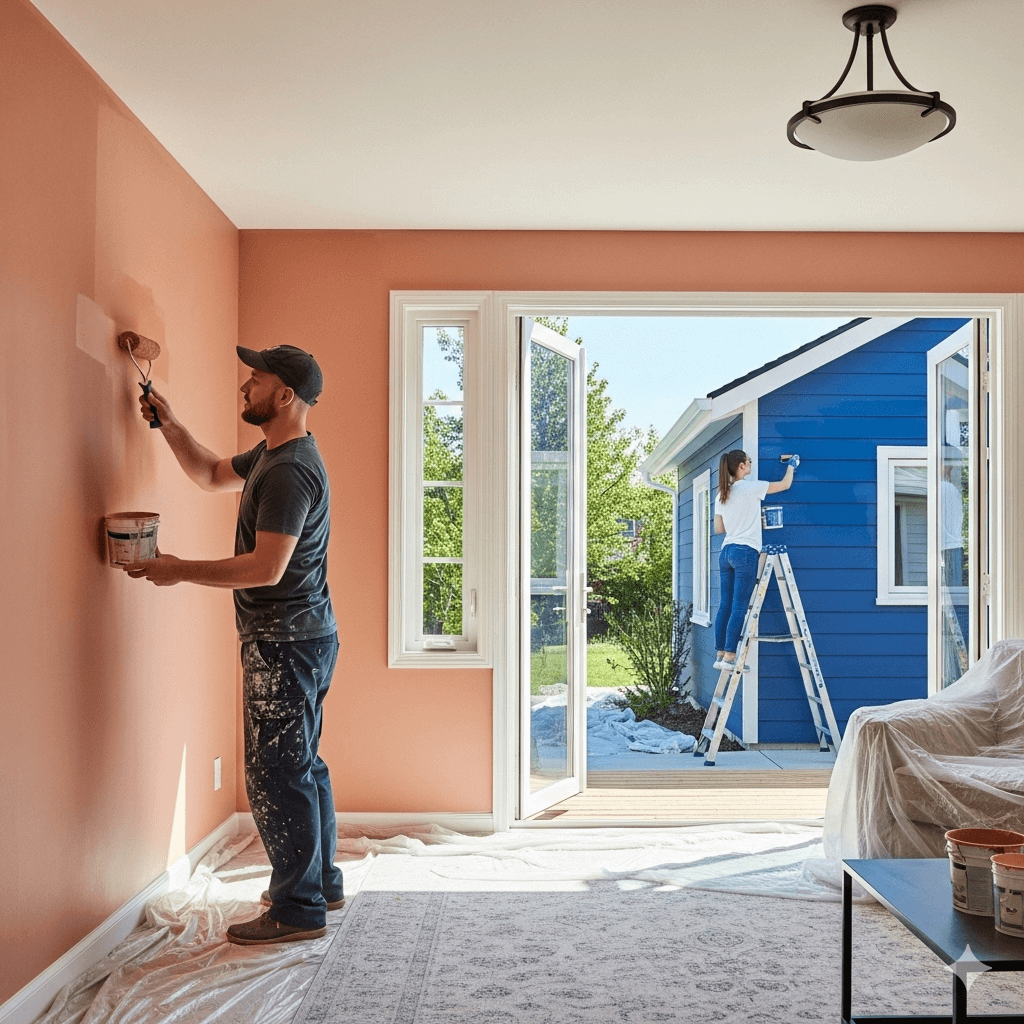 Man painting an interior wall in a peach color, with a woman painting an exterior blue wall in the background, showcasing home improvement and renovation work.