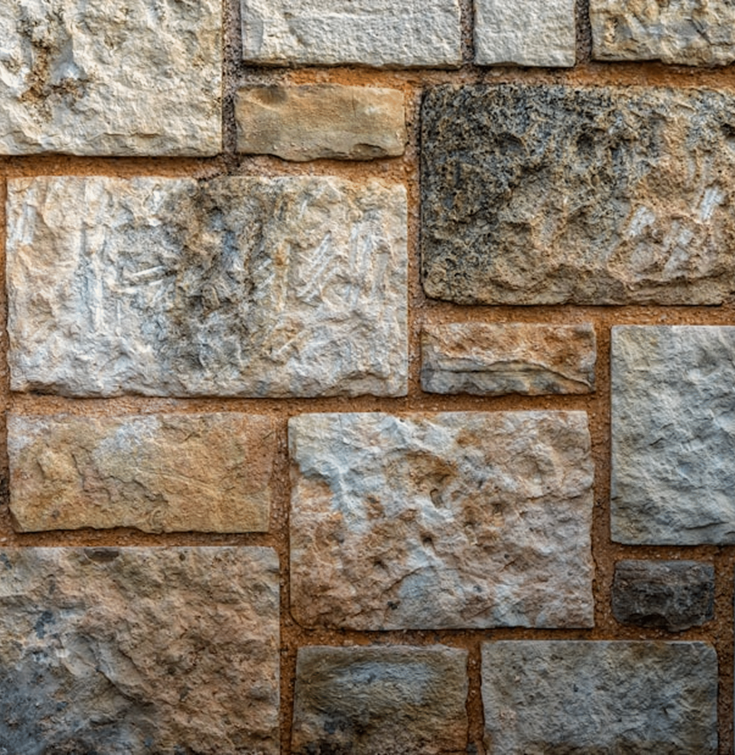 Textured masonry wall featuring various sizes of stone blocks in neutral tones, highlighting durable construction materials relevant to Bison Works masonry services.