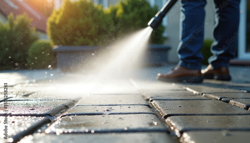 Pressure washing service revitalizing outdoor patio surfaces, removing dirt and grime, enhancing curb appeal.