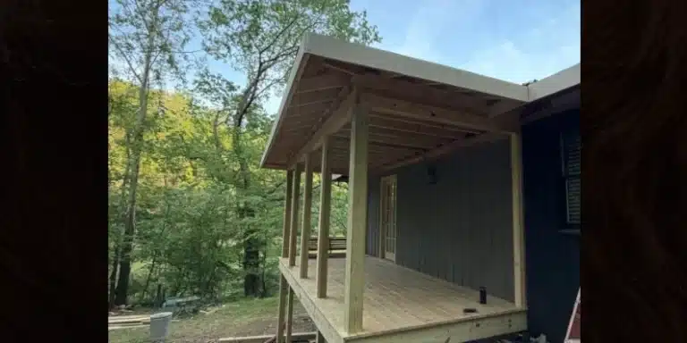 Bison-Strength outdoor oasis redesign featuring a new deck and covered patio.