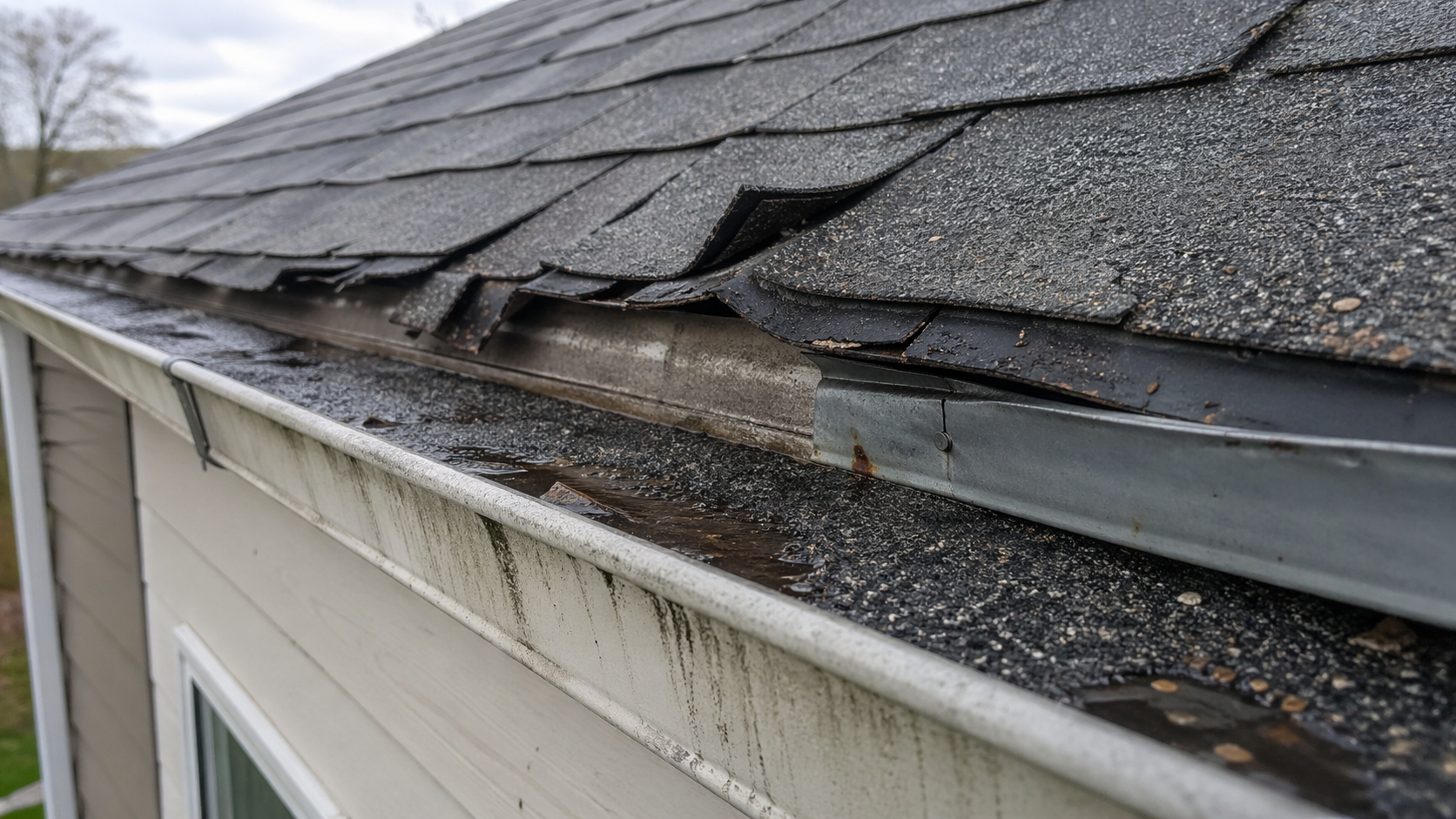 Damaged roof edge with clogged gutter and worn shingles