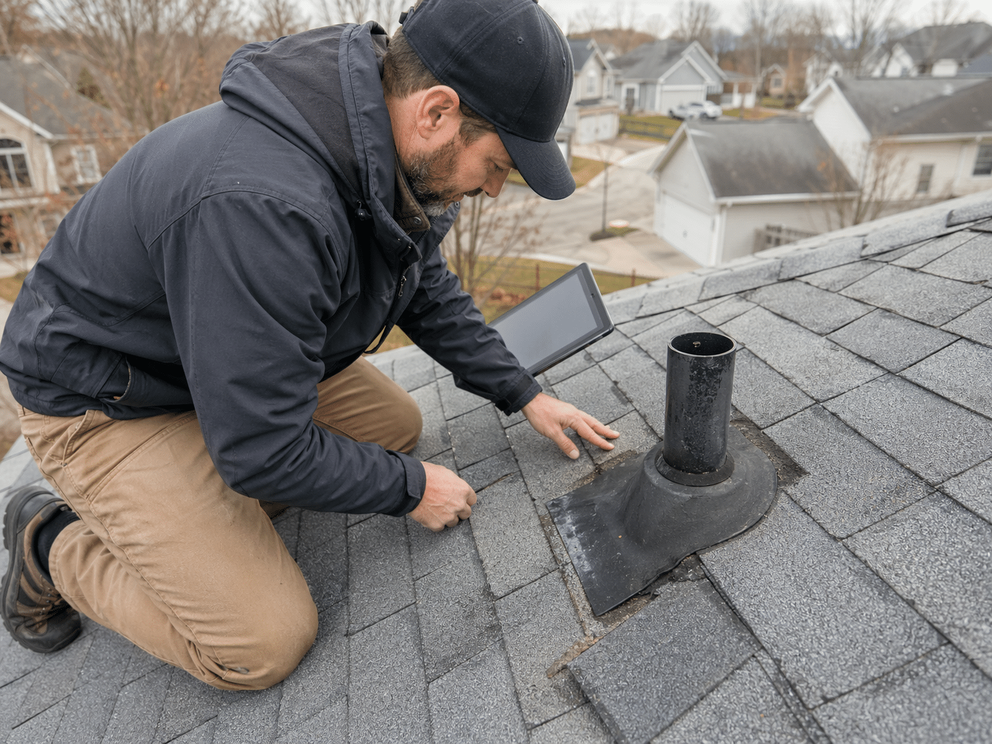 Roof inspection on a suburban home